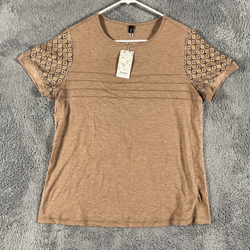 Automet T-Shirt Womens L Brown Pleated Stretch Crochet Lace Sleeve Pullover Tee